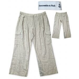 Abercrombie & Fitch Linen Wide Leg Trouser Pants Women's‎ XL Oatmeal Cargo Baggy